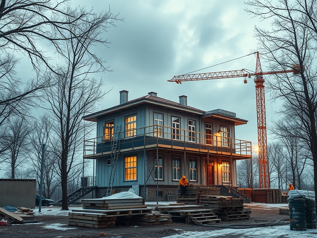 Строящийся дом с рабочими и краном на фоне зимнего неба и голых деревьев. Небо облачное, вечернее освещение.