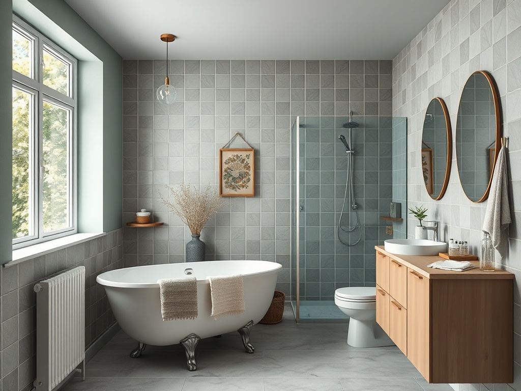 Современная ванная комната с окном, ванной, душем и деревянной мебелью, выполненная в светлых тонах.