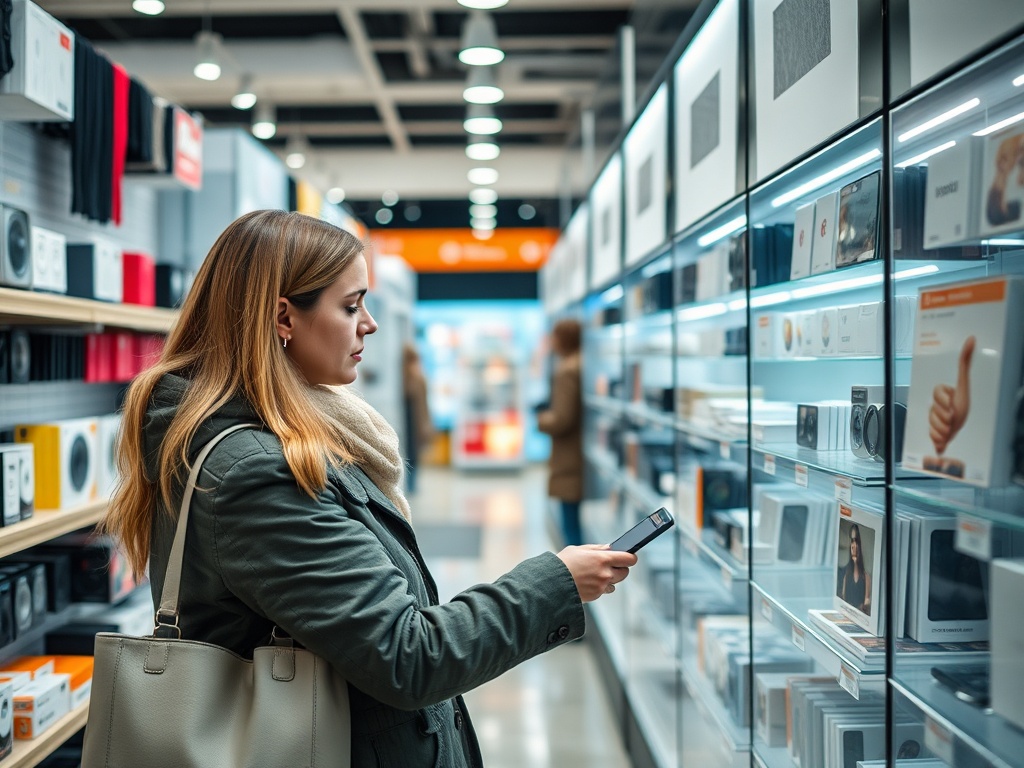 Женщина с телефоном рассматривает товары в магазине, наслаждаясь процессом выбора.