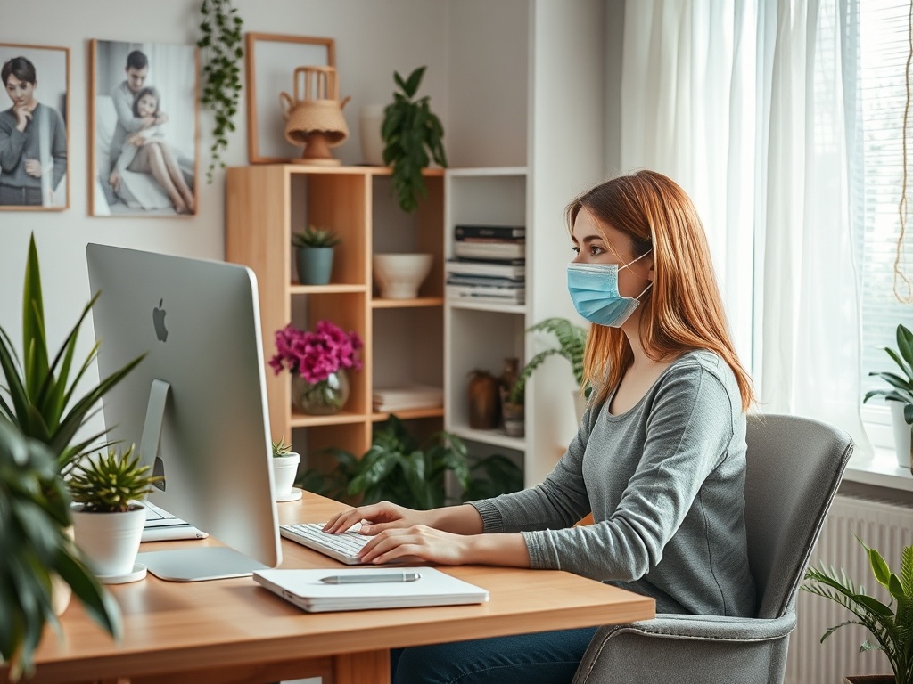 Женщина в маске сидит за столом и работает на компьютере в светлой комнате с зелеными растениями.