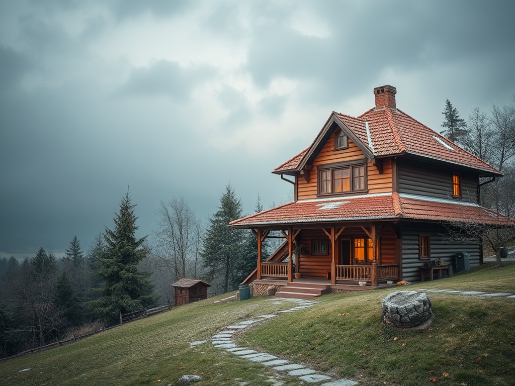 Деревянный дом с красной крышей на фоне пасмурного неба и зелёной травы. Тёплый свет из окон.